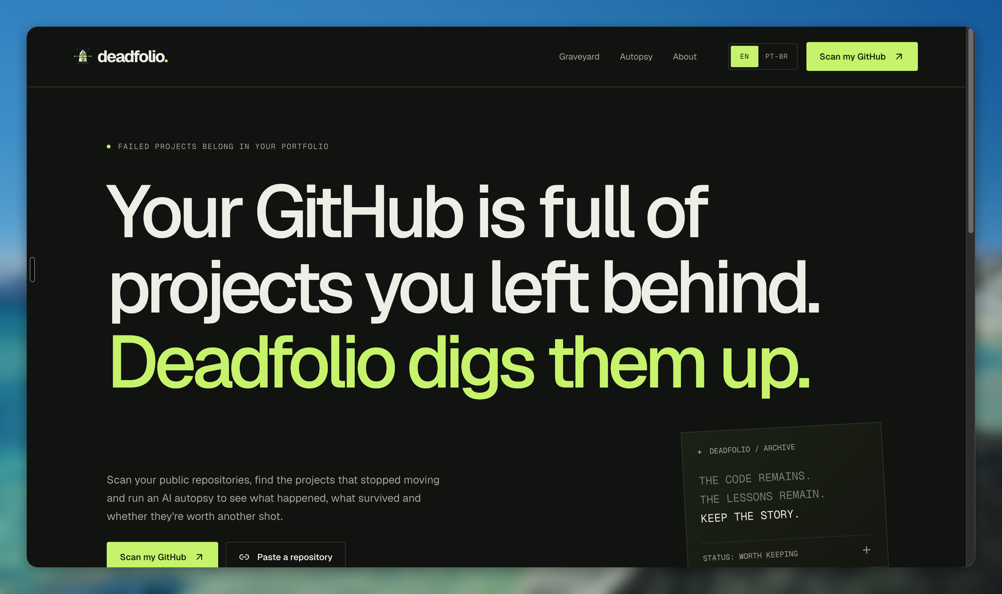 Deadfolio home page in Brazilian Portuguese: headline saying your GitHub is full of projects left behind and Deadfolio finds them, with buttons to analyze a GitHub profile or paste a repository.