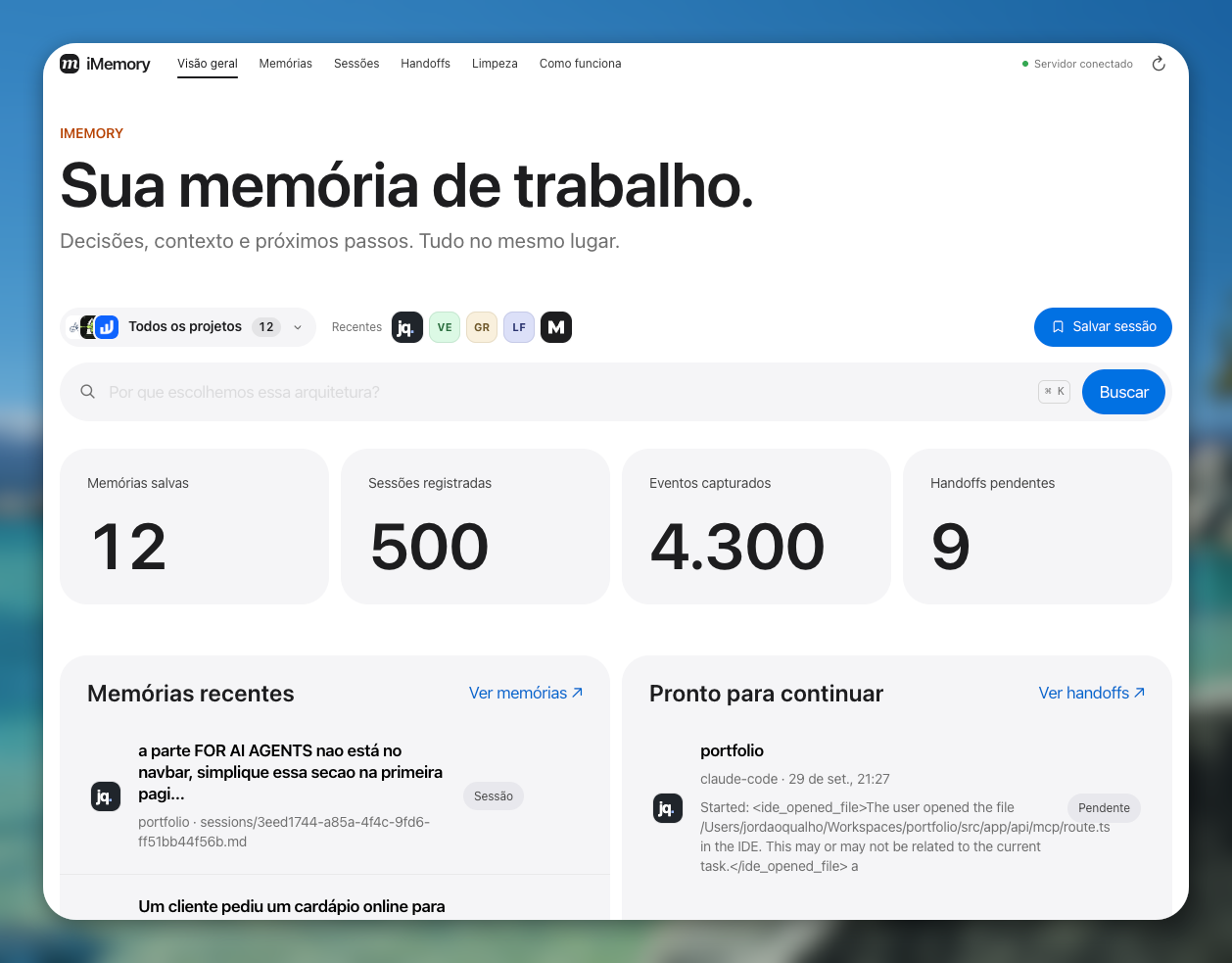 iMemory overview screen: project switcher, search, counters for saved memories, sessions, captured events and pending handoffs, and lists of recent memories and handoffs ready to continue.